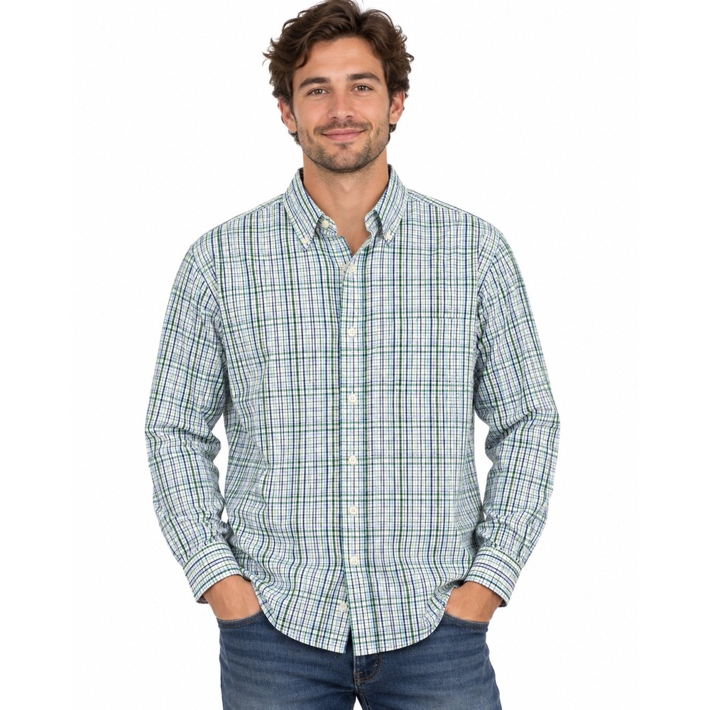 Brooks Brothers 346 Mens Large Regular Fit Plaid Button Down Shirt Green Blue